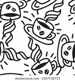 Coffee cup seamless vector pattern. Tasty morning with hot drink and fresh Croesan in cafe or restaurant. Hand made design illustration for wrapping paper, textile print, menu and promotion background