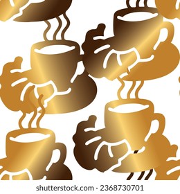 Coffee cup seamless vector pattern. Tasty morning with hot drink and fresh Croesan in cafe or restaurant. Hand made design illustration for wrapping paper, textile print, menu and promotion background