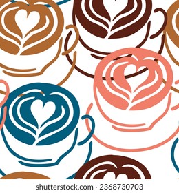 Coffee cup seamless vector pattern. Tasty morning with hot drink and fresh Croesan in cafe or restaurant. Hand made design illustration for wrapping paper, textile print, menu and promotion background