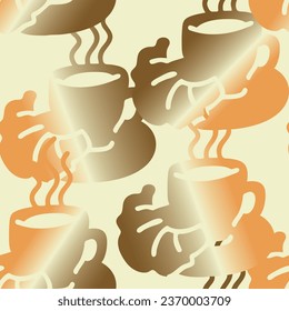 Coffee cup seamless vector pattern. Tasty morning with hot drink and fresh Croesan in cafe or restaurant. Hand made design illustration for wrapping paper, textile print, menu and promotion background