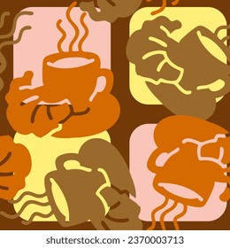 Patrón vectorial sin fisuras de la taza de café. Deguste la mañana con una bebida caliente y croesan recién hecho en la cafetería o el restaurante. Ilustración de diseño manual para papel de embalaje, impresión textil, menú y fondo de promoción
