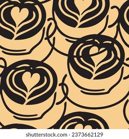 Coffee cup seamless vector pattern. Tasty morning with hot drink and fresh Croesan in cafe or restaurant. Hand made design illustration for wrapping paper, textile print, menu and promotion background