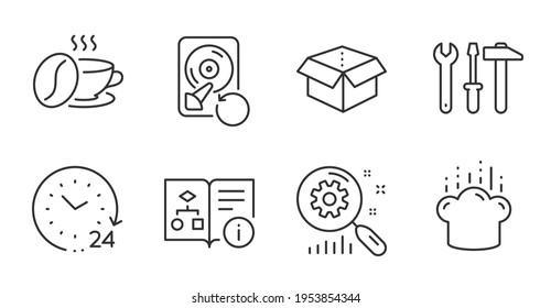Coffee cup, Search statistics and Open box line icons set. Recovery hdd, Cooking hat and Spanner tool signs. 24 hours, Technical algorithm symbols. Roasted bean, Analysis, Delivery package. Vector