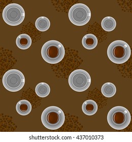 coffee cup and coffee seeds on brown seamless pattern