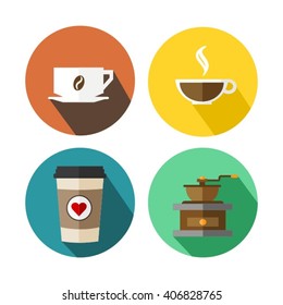 Coffee Cup Set With Bean, Coffee Mill And Heart Flat Vector Illustration