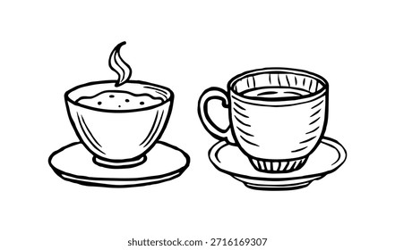 Juego de taza de café. Ilustración en blanco y negro para colorear libro.