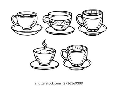 Coffee cup set. Black and white illustration for coloring book.