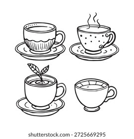 Kaffeetassenset. Schwarz-Weiß-Darstellung.
