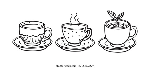 Juego de taza de café. Ilustración en blanco y negro.