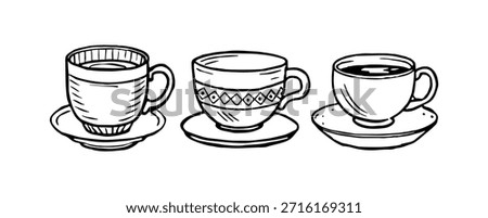 Coffee cup set. Black and white illustration for coloring book.