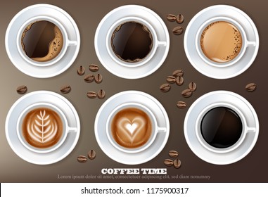 Coffee cup set collection Vector realistic. Product placement mock up. Dark beans, coffee background. top view 3d illustrations