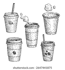 coffee cup set hand drawn. cappuccino insulated, reusable porcelain, glass stainless coffee cup vector sketch. isolated black illustration