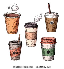 coffee cup set hand drawn. cappuccino insulated, reusable porcelain, glass stainless coffee cup vector sketch. isolated color illustration