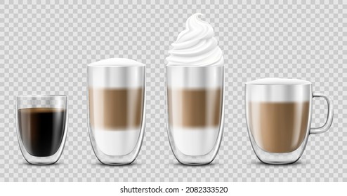 Coffee Cup Set, Isolated On Transparant Background. Double Walled Glass Mug With Hot Drink, Americano, Cappuccino, Espresso, Latte, Milk Brown Coffee, Vector Realistic 3d Illustration, Mock Up.