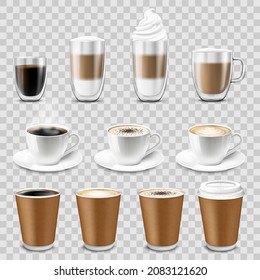 Coffee cup set, isolated on transparant background. Double walled glass mug with hot drink, americano, Cappuccino, espresso, latte, milk brown coffee, vector realistic 3d illustration template, mock u