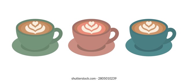 Coffee cup set with latte art. Vector illustration of three mugs with delicious cappuccino and heart design. Minimalist cafe drink icons isolated on white background for menu, design or prints.