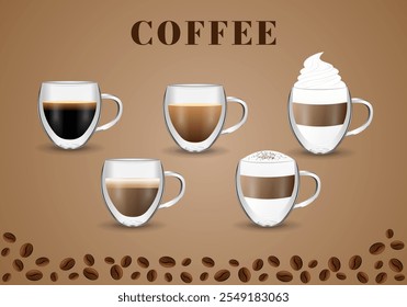 Taza de café sobre fondo marrón con frijoles. Taza de vidrio de doble pared con Latte, Americano, Mocha, Cappuccino, espresso. Bebida caliente con leche y espuma. Vector ilustración realista. Plantilla para café