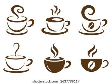 Coffee cup set simple brown icons on a white background