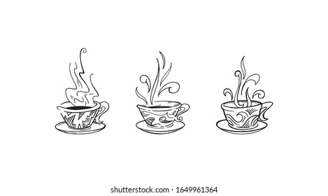 Coffee cup set with smoke from hot drinks, hand drawn outline illustration. Tea cups with different sample on them. Original ceramic mug symbol drawing.