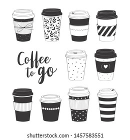 Coffee cup set. Vector collection with various disposable cups of coffee to go. Hand drawn doodle illustration