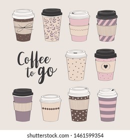 Coffee cup set. Vector collection with various disposable cups of coffee to go. Hand drawn doodle illustration