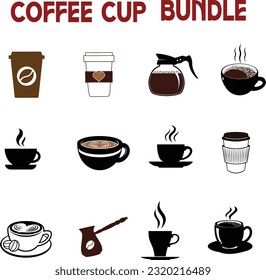 Coffee cup Set, Set of vector cups with coffee, Coffee cup logo, Coffee Monogram collection, vector outline illustration and silhouette collection