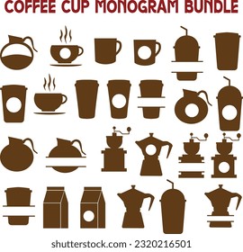 Coffee cup Set, Set of vector cups with coffee, Coffee cup logo, Coffee Monogram collection, vector outline illustration and silhouette collection