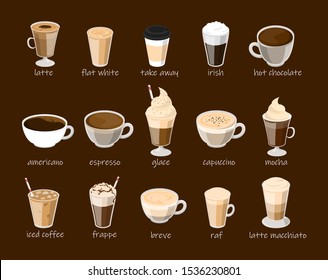 Coffee cup set vector isolated. Capuccino, latte, frappe and mocha. Hot chocolate in mug, milk beverage. Menu collection.