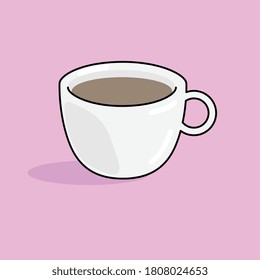 Coffee cup with shadow. Cartoon style. Vector icon isolated on pink background. 