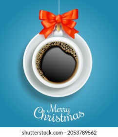 Coffee cup in shape of Christmas tree bauble, vector illustration. Merry Christmas card design template.