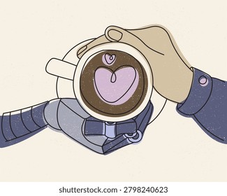 Coffee cup shared by human and robot, symbolizing friendship, communication, collaboration, kindness, peaceful coexistence, and everyday routine