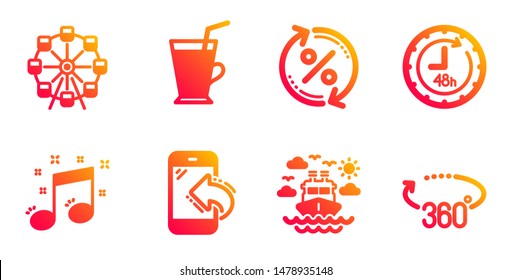Coffee cup, Ship travel and Musical note line icons set. Loan percent, Incoming call and 48 hours signs. Ferris wheel, 360 degrees symbols. Latte drink, Cruise transport. Business set. Vector