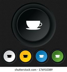 Coffee cup sign icon. Coffee button. Round colourful buttons on black texture. Vector