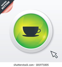 Coffee cup sign icon. Coffee button. Green shiny button. Modern UI website button with mouse cursor pointer. Vector