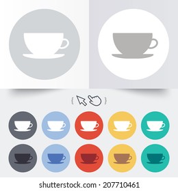 Coffee cup sign icon. Coffee button. Round 12 circle buttons. Shadow. Hand cursor pointer. Vector