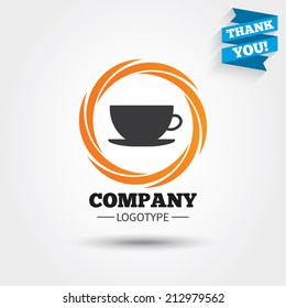 Coffee cup sign icon. Coffee button. Business abstract circle logo. Logotype with Thank you ribbon. Vector
