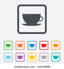 Coffee cup sign icon. Coffee button. Round squares buttons with frame. Vector