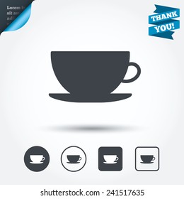 Coffee cup sign icon. Coffee button. Circle and square buttons. Flat design set. Thank you ribbon. Vector