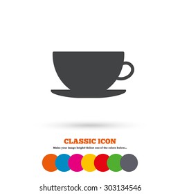 Coffee cup sign icon. Coffee button. Classic flat icon. Colored circles. Vector