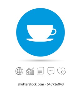 Coffee cup sign icon. Coffee button. Copy files, chat speech bubble and chart web icons. Vector