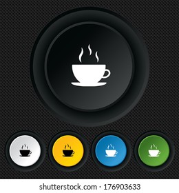 Coffee cup sign icon. Hot coffee button. Round colourful buttons on black texture. Vector