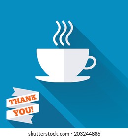 Coffee cup sign icon. Hot coffee button. White flat icon with long shadow. Paper ribbon label with Thank you text. Vector