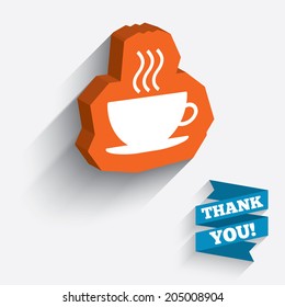 Coffee cup sign icon. Hot coffee button. White icon on orange 3D piece of wall. Carved in stone with long flat shadow. Vector