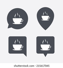 Coffee cup sign icon. Hot coffee button. Map pointers information buttons. Speech bubbles with icons. Vector