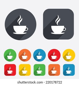 Coffee cup sign icon. Hot coffee button. Hot tea drink with steam. Circles and rounded squares 12 buttons. Vector