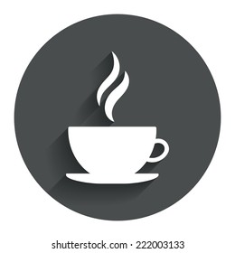 Coffee cup sign icon. Hot coffee button. Hot tea drink with steam. Circle flat button with shadow. Modern UI website navigation. Vector