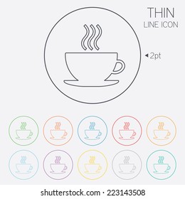 Coffee cup sign icon. Hot coffee button. Thin line circle web icons with outline. Vector