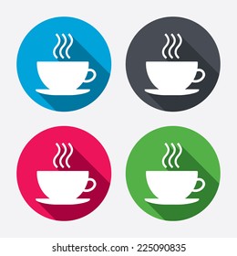 Coffee cup sign icon. Hot coffee button. Circle buttons with long shadow. 4 icons set. Vector