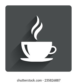 Coffee cup sign icon. Hot coffee button. Hot tea drink with steam. Gray flat square button with shadow. Modern UI website navigation. Vector