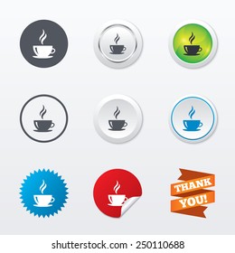 Coffee cup sign icon. Hot coffee button. Hot tea drink with steam. Circle concept buttons. Metal edging. Star and label sticker. Vector